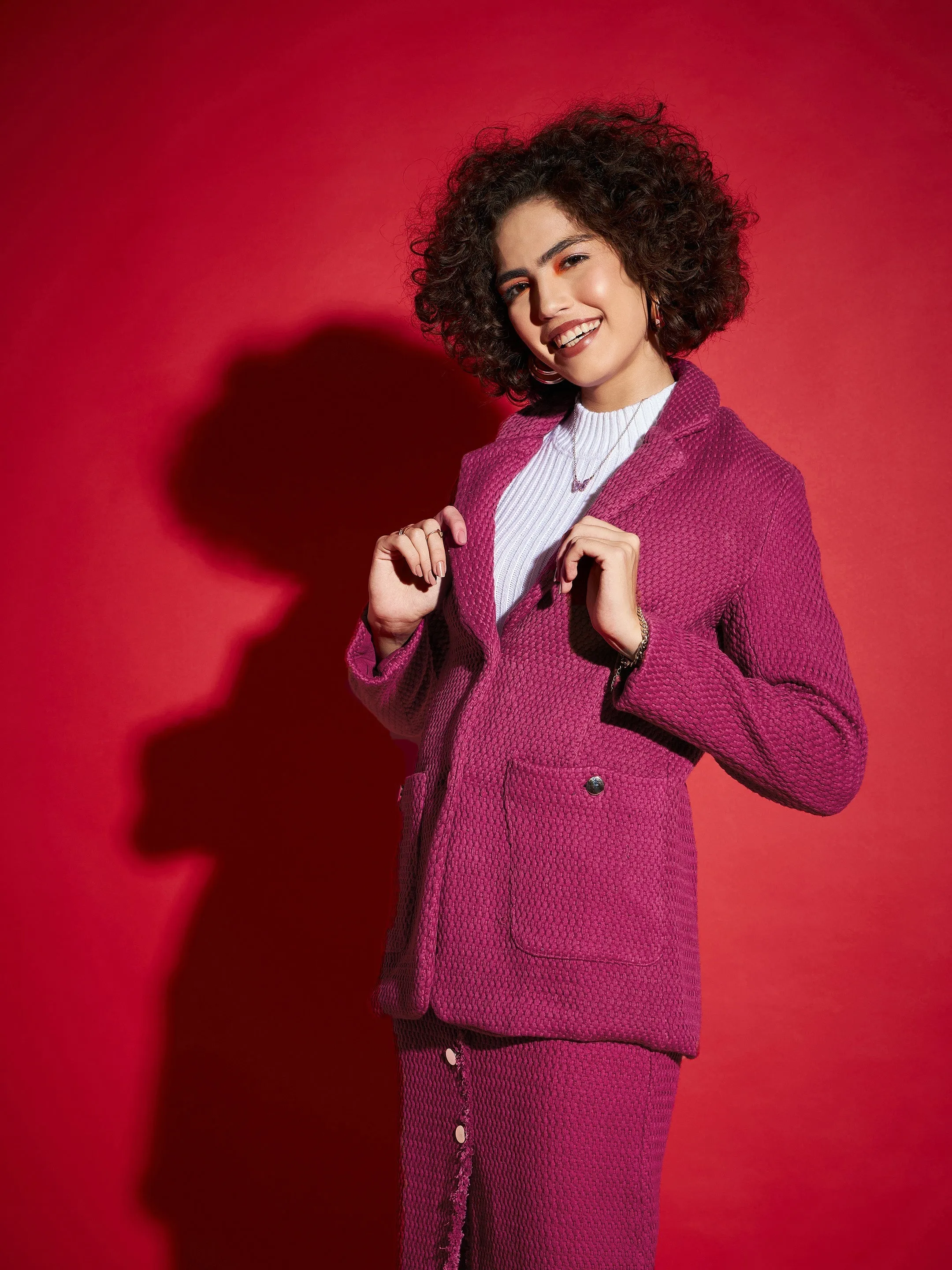 Women Magenta Tweed Notch Collar Blazer