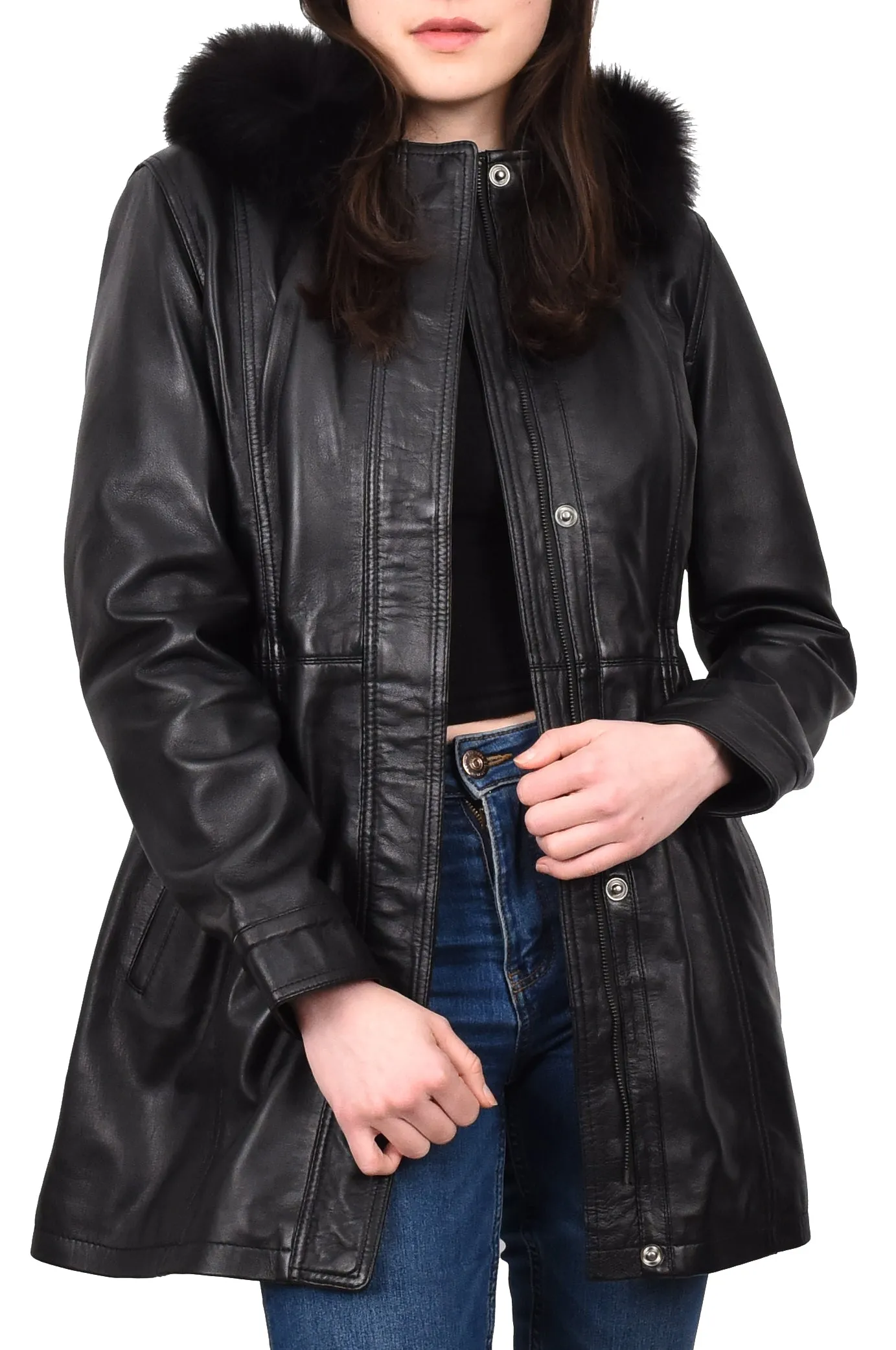 Women's Long Real Leather Coat Detachable Hood with Fur Black Aerify