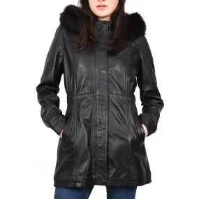Women's Long Real Leather Coat Detachable Hood with Fur Black Aerify