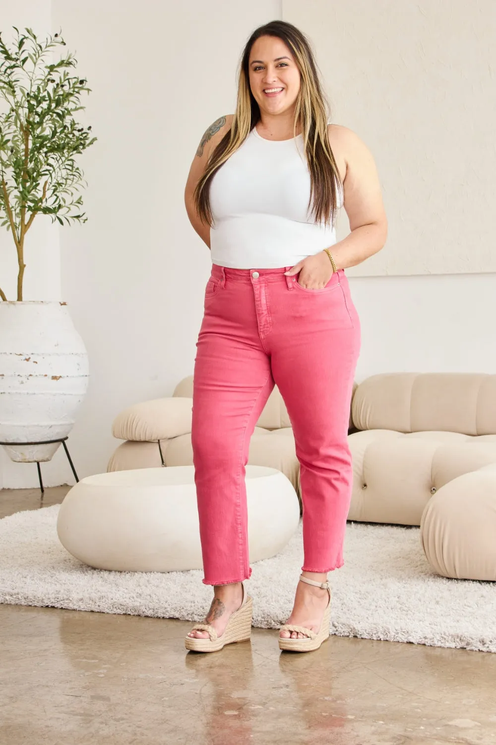 Women's RFM Crop Dylan Full Size Tummy Control High Waist Raw Hem Jeans