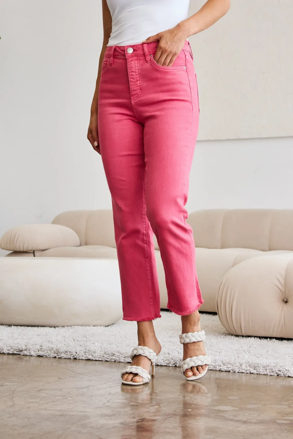 Women's RFM Crop Dylan Full Size Tummy Control High Waist Raw Hem Jeans