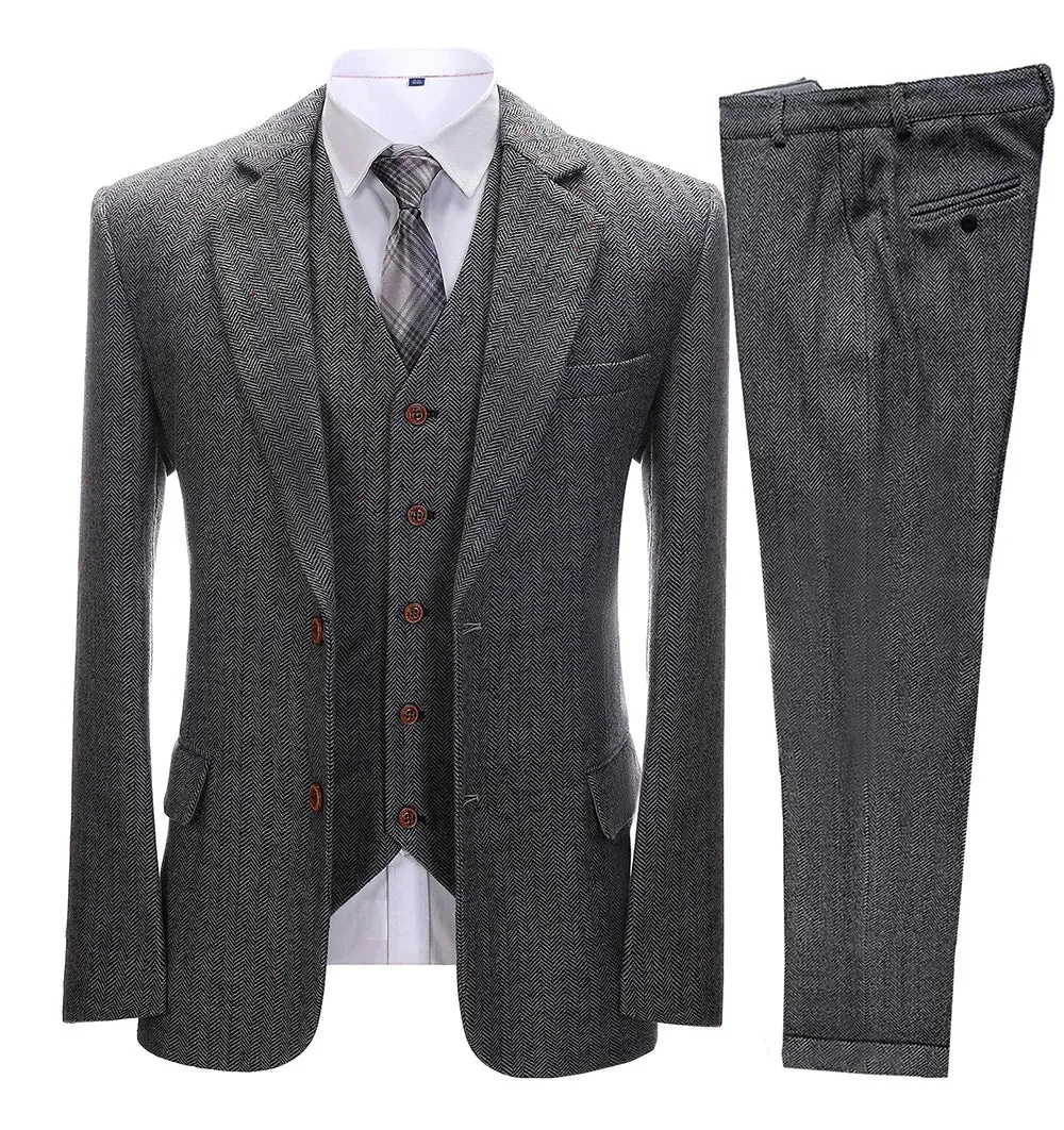 xiangtuibao Brown Men's Vintage Suits 3 Pieces Latest Coat Designs Herringbone Tweed Tuxedo Winter Formal Wedding Suits (Blazer Vest Pants)