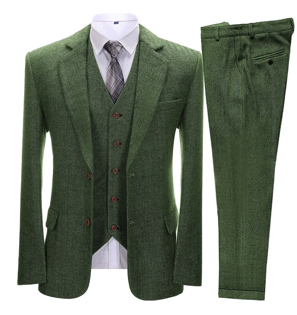 xiangtuibao Brown Men's Vintage Suits 3 Pieces Latest Coat Designs Herringbone Tweed Tuxedo Winter Formal Wedding Suits (Blazer Vest Pants)
