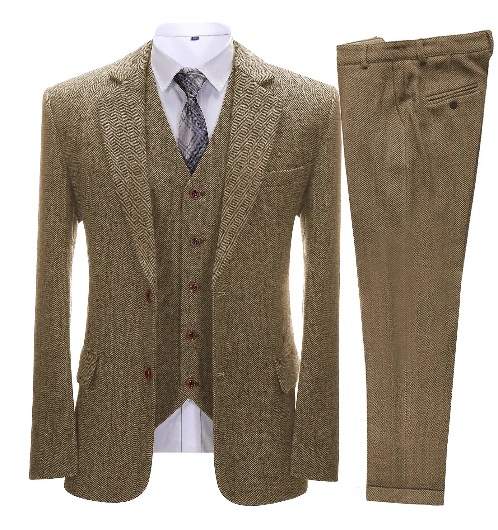 xiangtuibao Brown Men's Vintage Suits 3 Pieces Latest Coat Designs Herringbone Tweed Tuxedo Winter Formal Wedding Suits (Blazer Vest Pants)