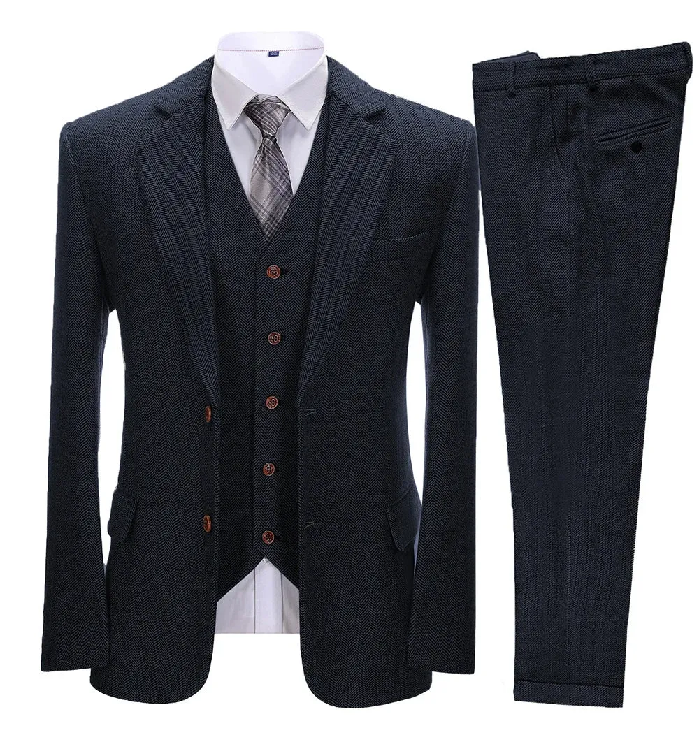 xiangtuibao Brown Men's Vintage Suits 3 Pieces Latest Coat Designs Herringbone Tweed Tuxedo Winter Formal Wedding Suits (Blazer Vest Pants)