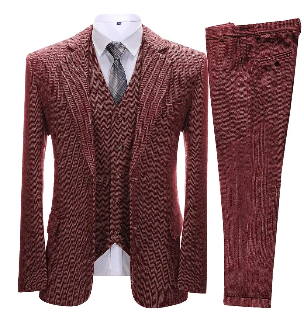 xiangtuibao Brown Men's Vintage Suits 3 Pieces Latest Coat Designs Herringbone Tweed Tuxedo Winter Formal Wedding Suits (Blazer Vest Pants)