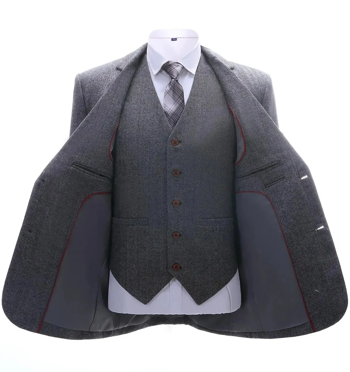 xiangtuibao Brown Men's Vintage Suits 3 Pieces Latest Coat Designs Herringbone Tweed Tuxedo Winter Formal Wedding Suits (Blazer Vest Pants)