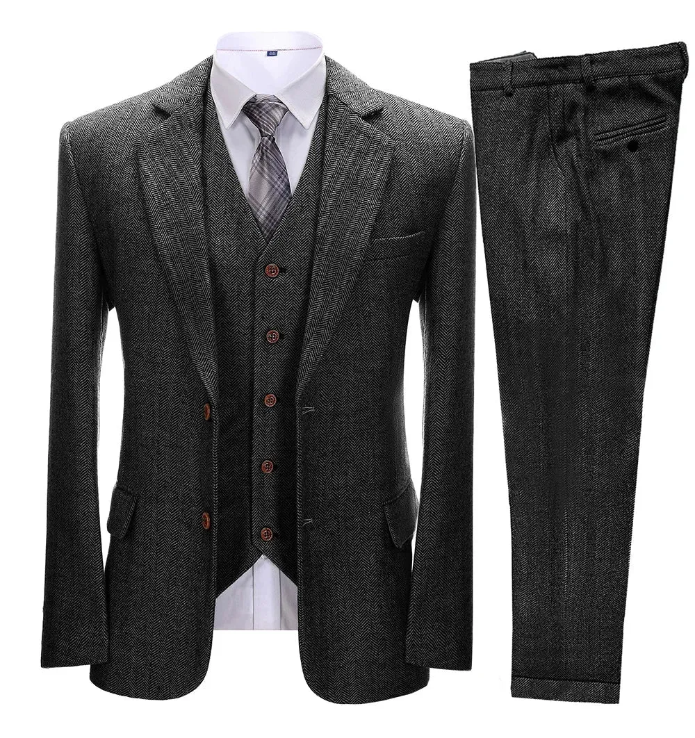 xiangtuibao Brown Men's Vintage Suits 3 Pieces Latest Coat Designs Herringbone Tweed Tuxedo Winter Formal Wedding Suits (Blazer Vest Pants)