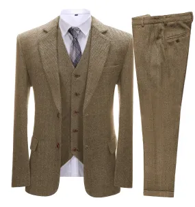xiangtuibao Brown Men's Vintage Suits 3 Pieces Latest Coat Designs Herringbone Tweed Tuxedo Winter Formal Wedding Suits (Blazer Vest Pants)