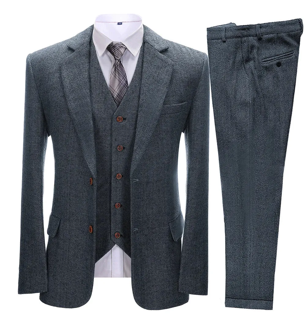 xiangtuibao Brown Men's Vintage Suits 3 Pieces Latest Coat Designs Herringbone Tweed Tuxedo Winter Formal Wedding Suits (Blazer Vest Pants)