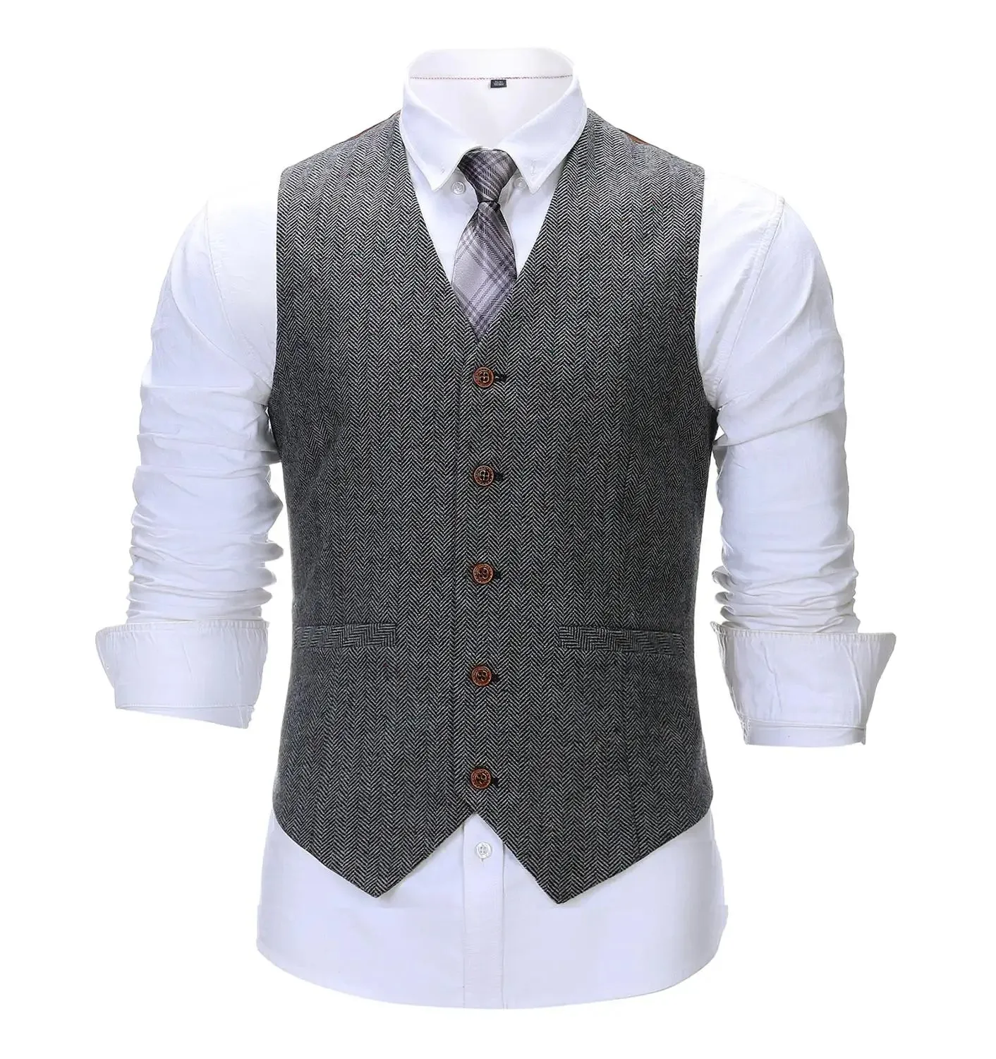 xiangtuibao Brown Men's Vintage Suits 3 Pieces Latest Coat Designs Herringbone Tweed Tuxedo Winter Formal Wedding Suits (Blazer Vest Pants)