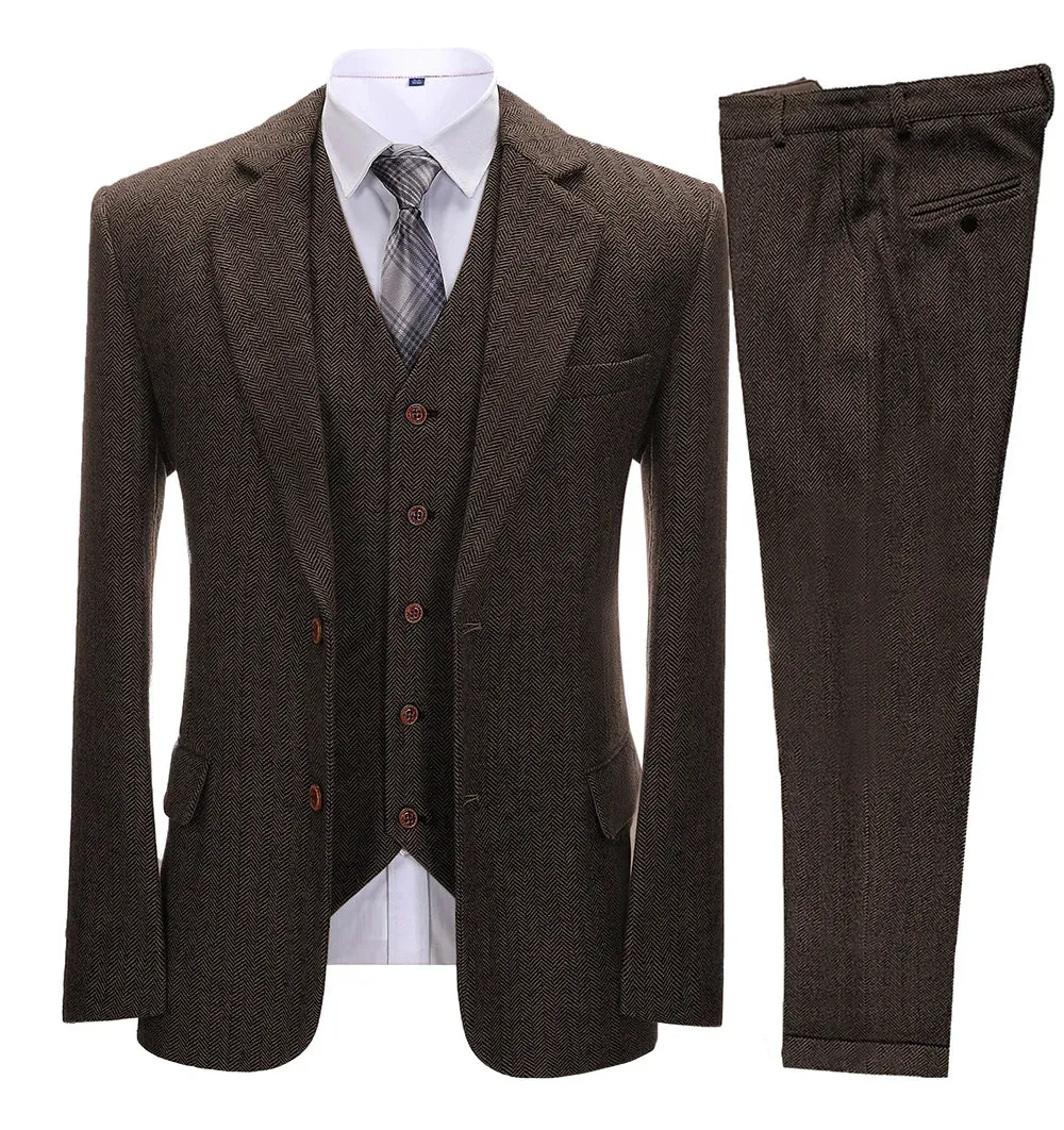 xiangtuibao Brown Men's Vintage Suits 3 Pieces Latest Coat Designs Herringbone Tweed Tuxedo Winter Formal Wedding Suits (Blazer Vest Pants)