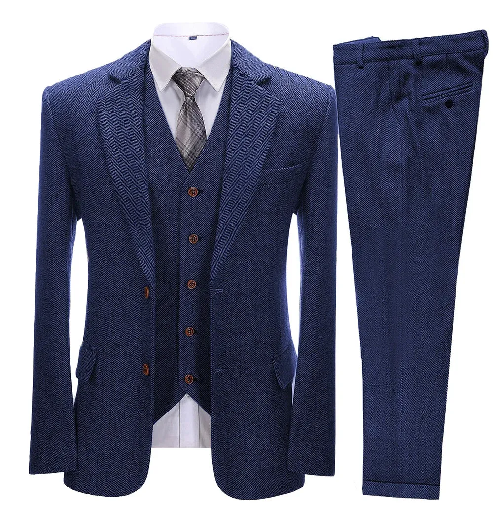xiangtuibao Brown Men's Vintage Suits 3 Pieces Latest Coat Designs Herringbone Tweed Tuxedo Winter Formal Wedding Suits (Blazer Vest Pants)