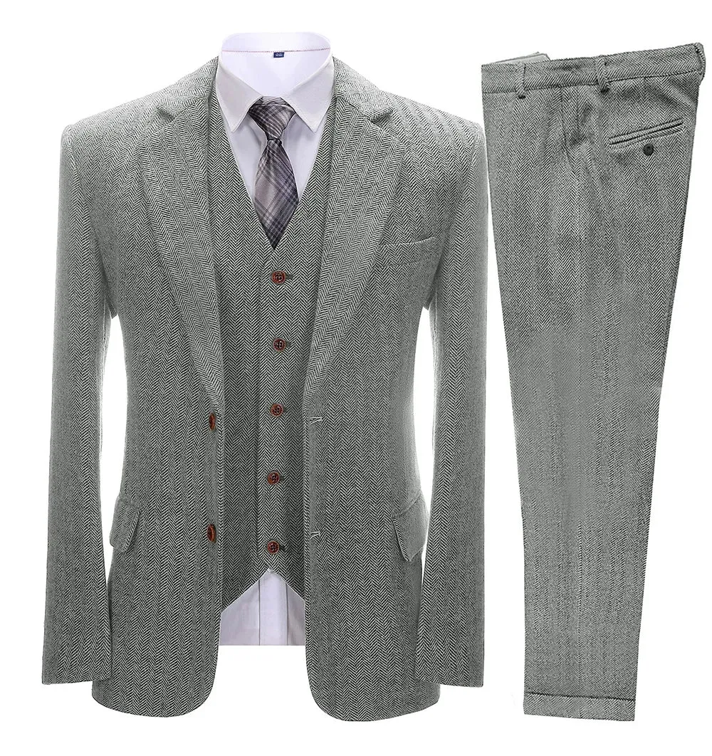 xiangtuibao Brown Men's Vintage Suits 3 Pieces Latest Coat Designs Herringbone Tweed Tuxedo Winter Formal Wedding Suits (Blazer Vest Pants)